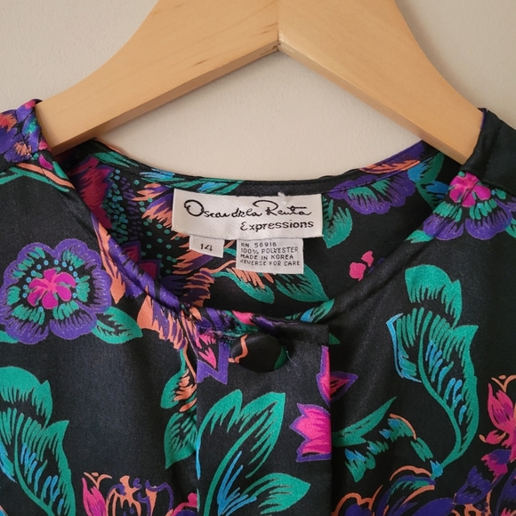 Vintage 80s Oscar De La Renta Dark Floral Satin Long Sleeve Blouse Size 14 - Picture 8 of 8